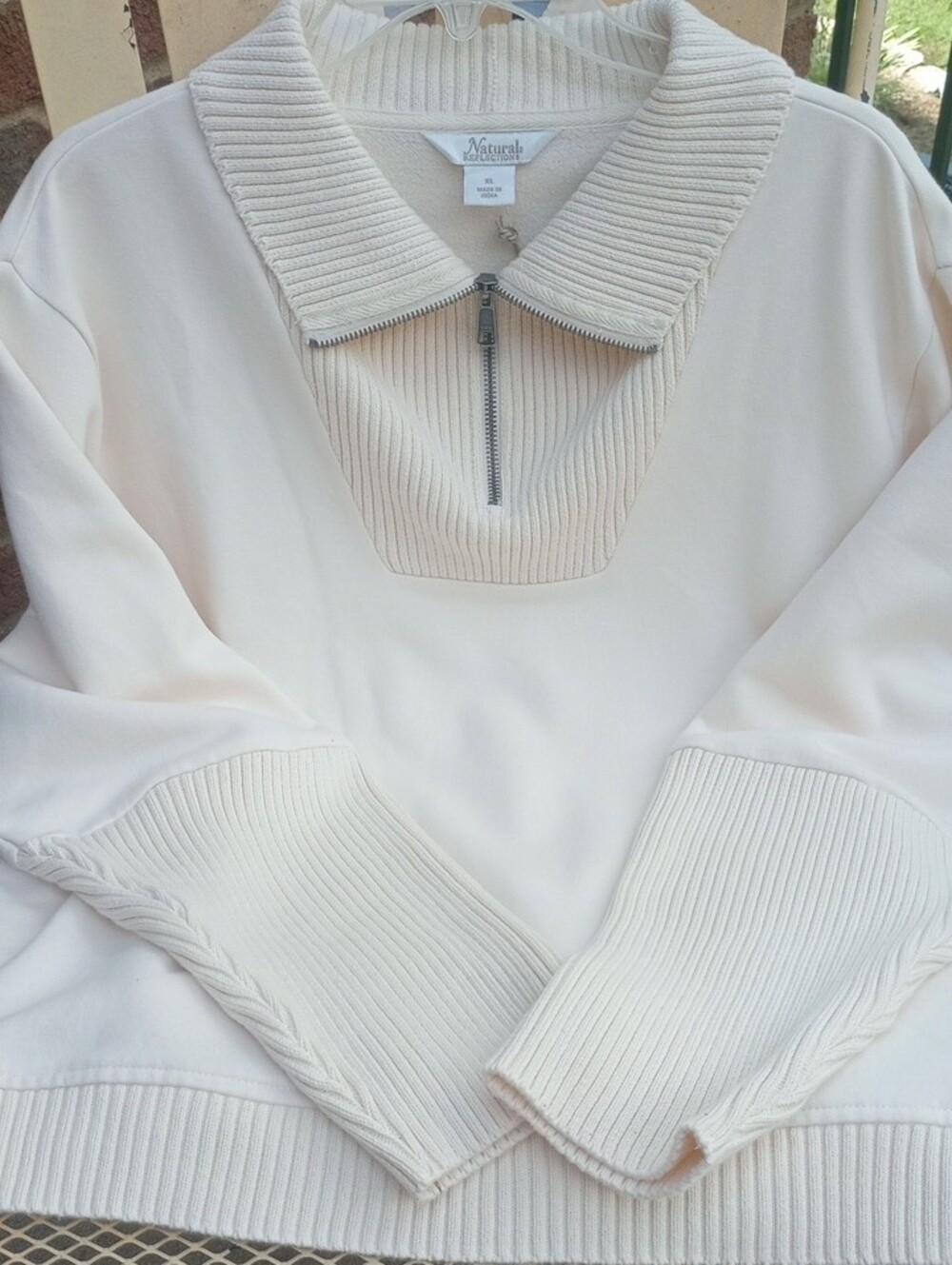 Natural Cream Half-Zip Ribbed Cowl Sweater